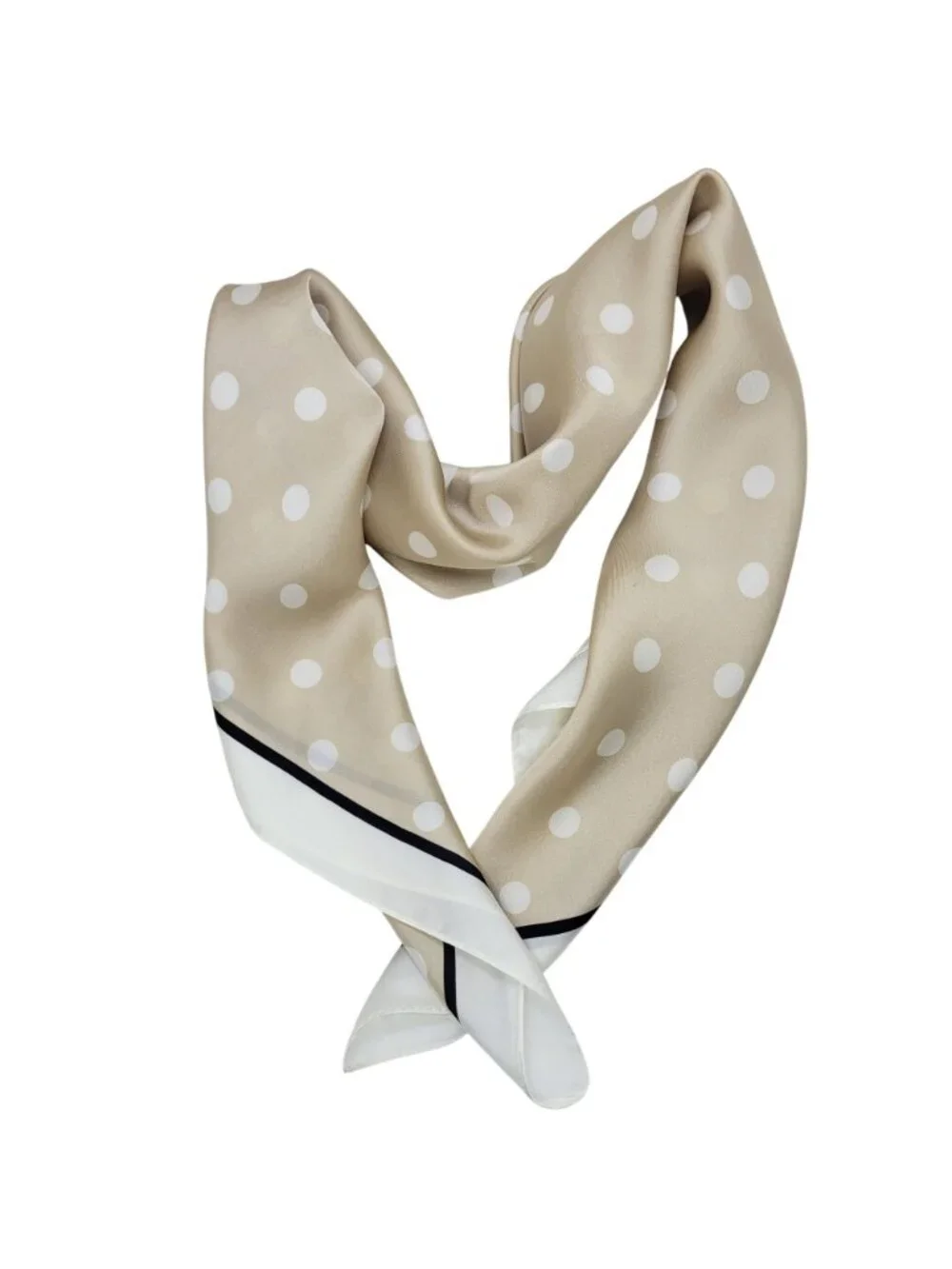 Luxury Elegant Silky Square Scarf Beige White Polka Dot Print Head Wrap Bandana